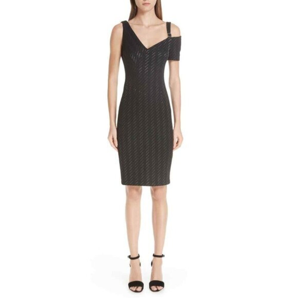 Yigal Azrouel Dress Black Stretch Weave Midi Cold Shoulder SZ 10 NWT